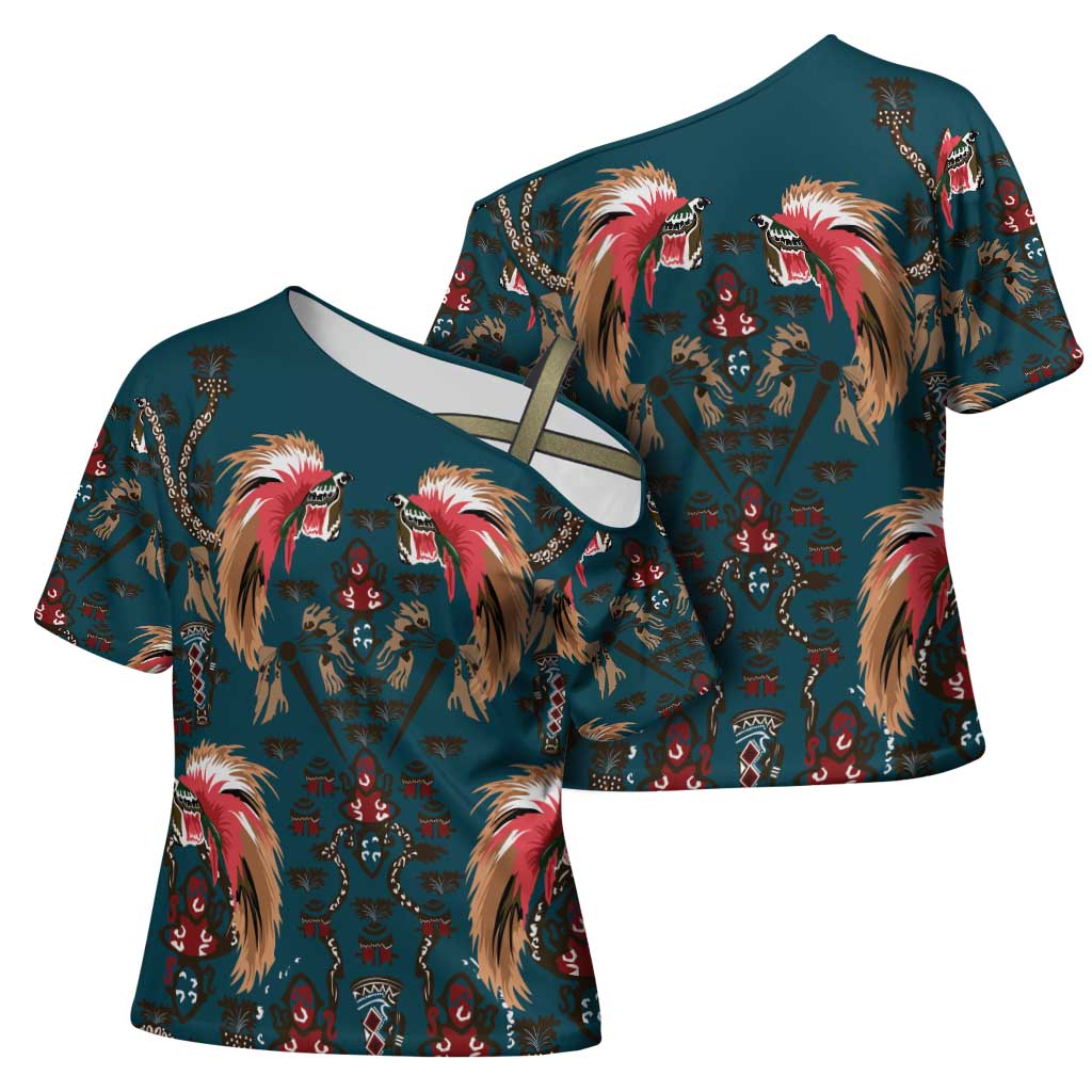 Dark Cyan Blue Bird of Batik Papua Cross Shoulder Shirt Exotic Natural Wealth of Papua - Polynesian Pride