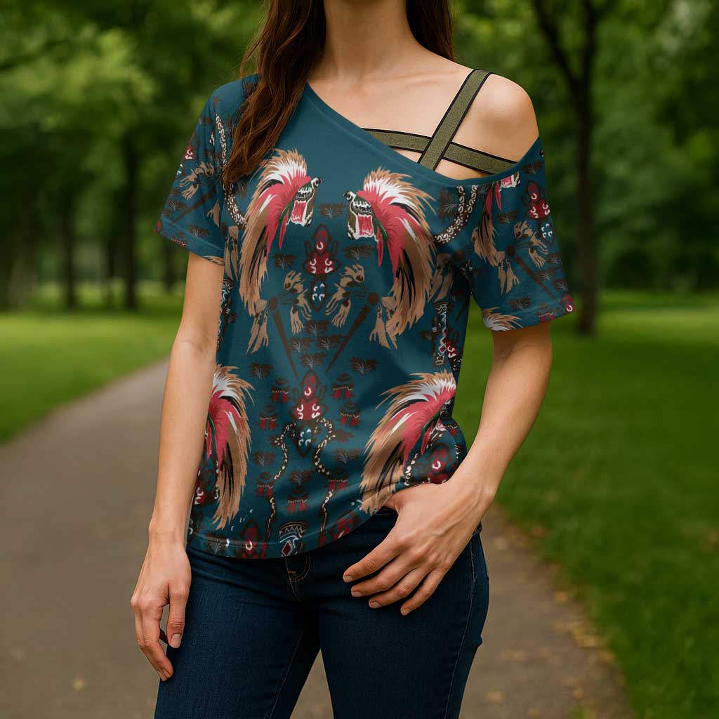 Dark Cyan Blue Bird of Batik Papua Cross Shoulder Shirt Exotic Natural Wealth of Papua - Polynesian Pride