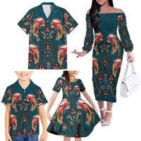 Dark Cyan Blue Bird of Batik Papua Family Matching Off The Shoulder Long Sleeve Dress and Hawaiian Shirt Exotic Natural Wealth of Papua - Polynesian Pride