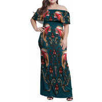 Dark Cyan Blue Bird of Batik Papua Family Matching Off Shoulder Maxi Dress and Hawaiian Shirt Exotic Natural Wealth of Papua - Polynesian Pride