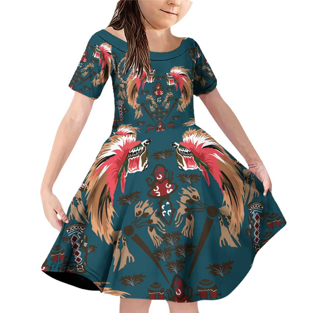 Dark Cyan Blue Bird of Batik Papua Family Matching Off Shoulder Short Dress and Hawaiian Shirt Exotic Natural Wealth of Papua - Polynesian Pride