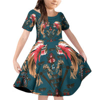 Dark Cyan Blue Bird of Batik Papua Family Matching Off Shoulder Short Dress and Hawaiian Shirt Exotic Natural Wealth of Papua - Polynesian Pride