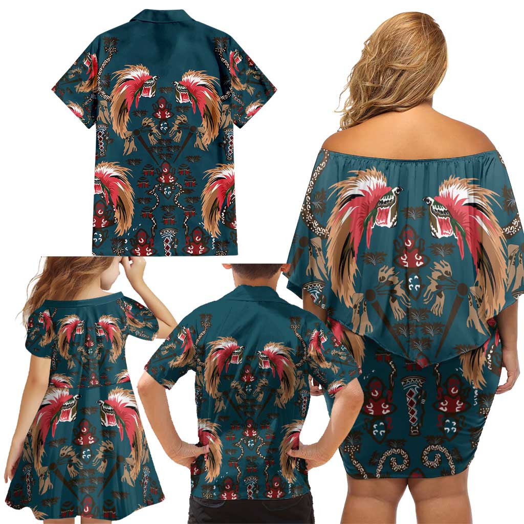 Dark Cyan Blue Bird of Batik Papua Family Matching Off Shoulder Short Dress and Hawaiian Shirt Exotic Natural Wealth of Papua - Polynesian Pride