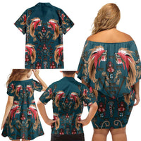 Dark Cyan Blue Bird of Batik Papua Family Matching Off Shoulder Short Dress and Hawaiian Shirt Exotic Natural Wealth of Papua - Polynesian Pride