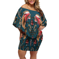 Dark Cyan Blue Bird of Batik Papua Family Matching Off Shoulder Short Dress and Hawaiian Shirt Exotic Natural Wealth of Papua - Polynesian Pride