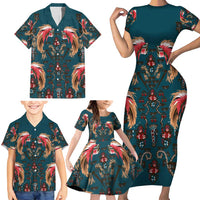 Dark Cyan Blue Bird of Batik Papua Family Matching Short Sleeve Bodycon Dress and Hawaiian Shirt Exotic Natural Wealth of Papua - Polynesian Pride