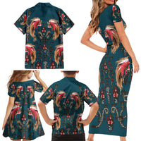 Dark Cyan Blue Bird of Batik Papua Family Matching Short Sleeve Bodycon Dress and Hawaiian Shirt Exotic Natural Wealth of Papua - Polynesian Pride