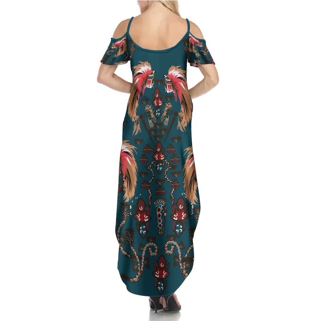 Dark Cyan Blue Bird of Batik Papua Family Matching Summer Maxi Dress and Hawaiian Shirt Exotic Natural Wealth of Papua - Polynesian Pride