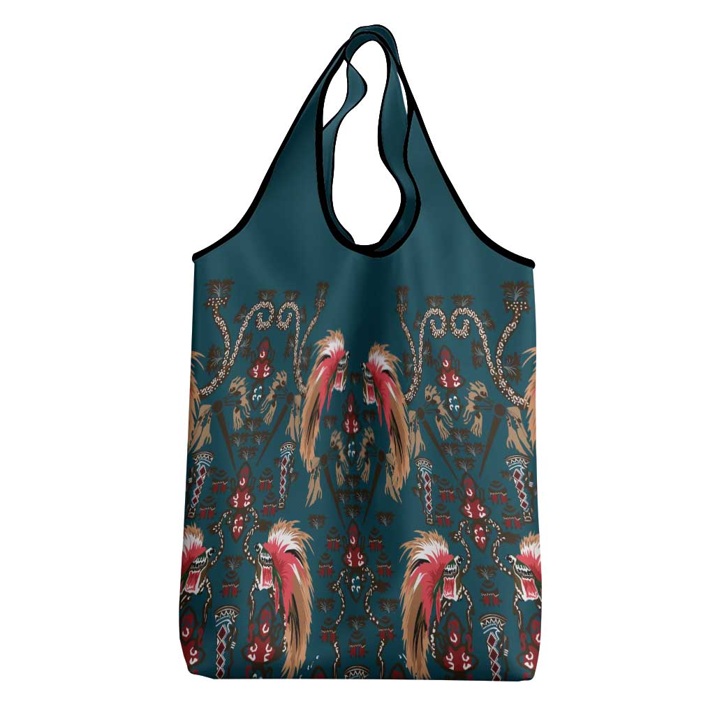Dark Cyan Blue Bird of Batik Papua Grocery Bag Exotic Natural Wealth of Papua - Polynesian Pride