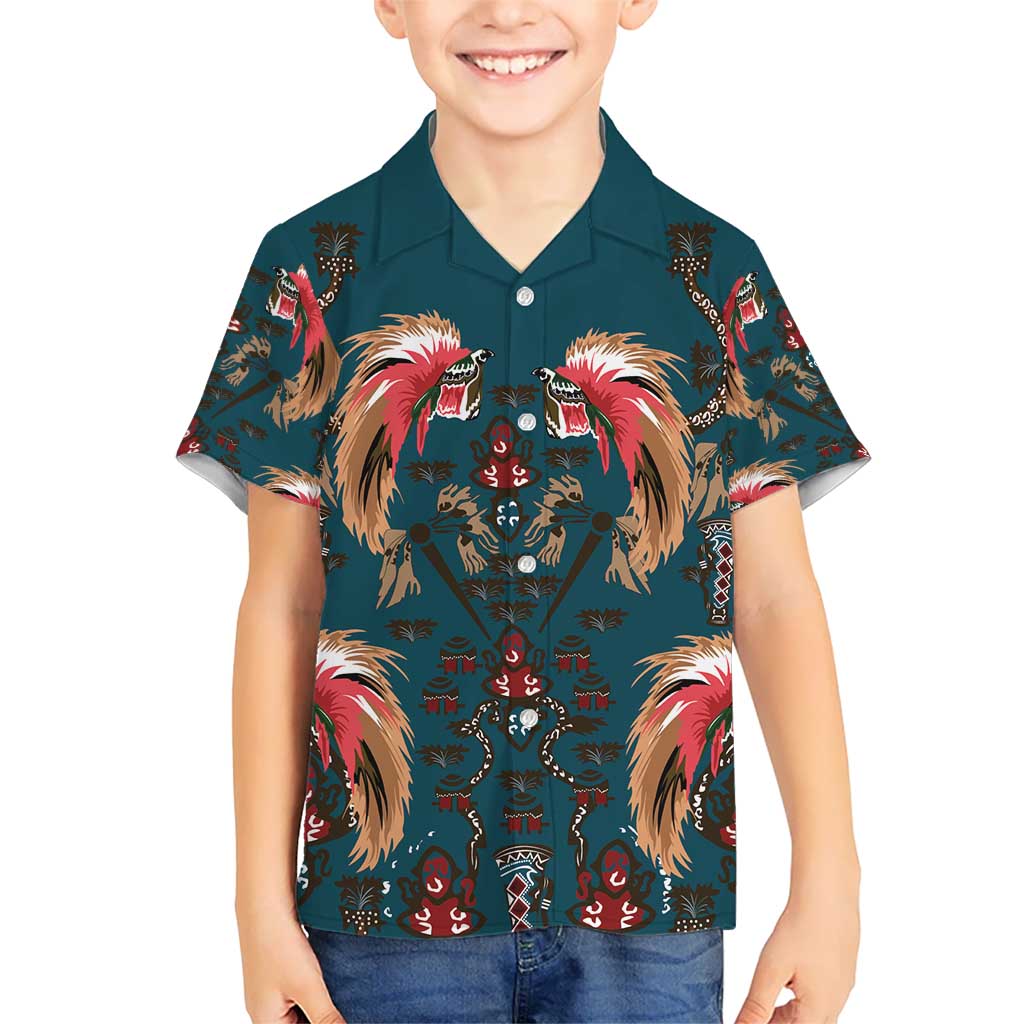 Dark Cyan Blue Bird of Batik Papua Kid Hawaiian Shirt Exotic Natural Wealth of Papua - Polynesian Pride