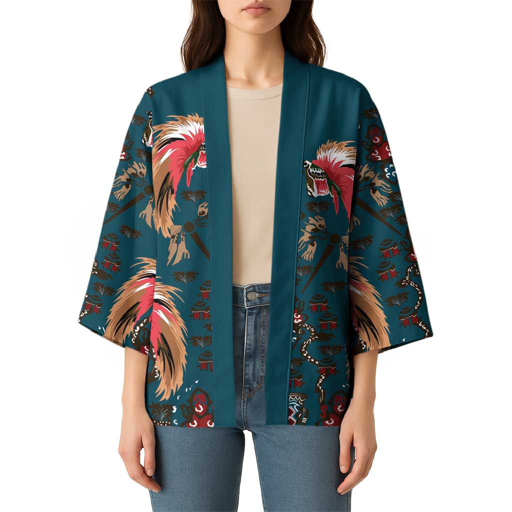 Dark Cyan Blue Bird of Batik Papua Kimono Exotic Natural Wealth of Papua - Polynesian Pride