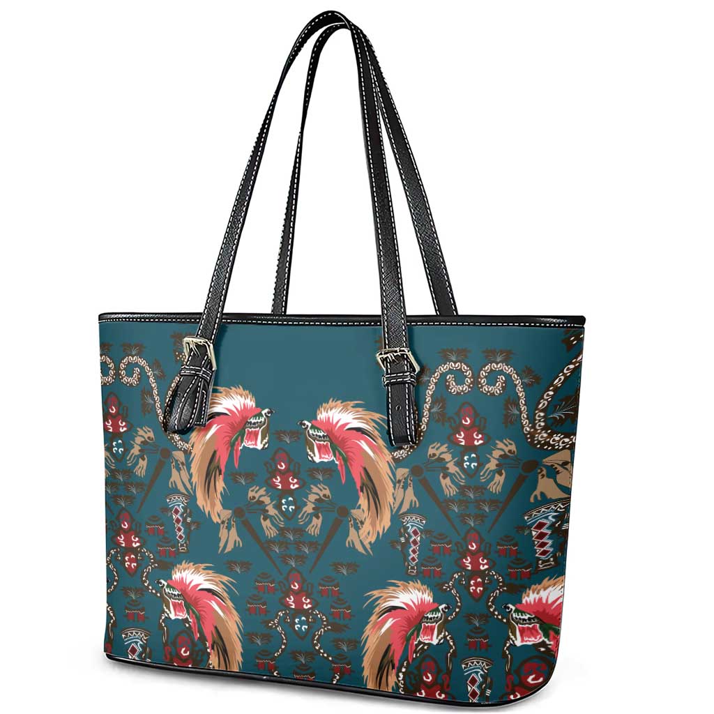 Dark Cyan Blue Bird of Batik Papua Leather Tote Bag Exotic Natural Wealth of Papua - Polynesian Pride