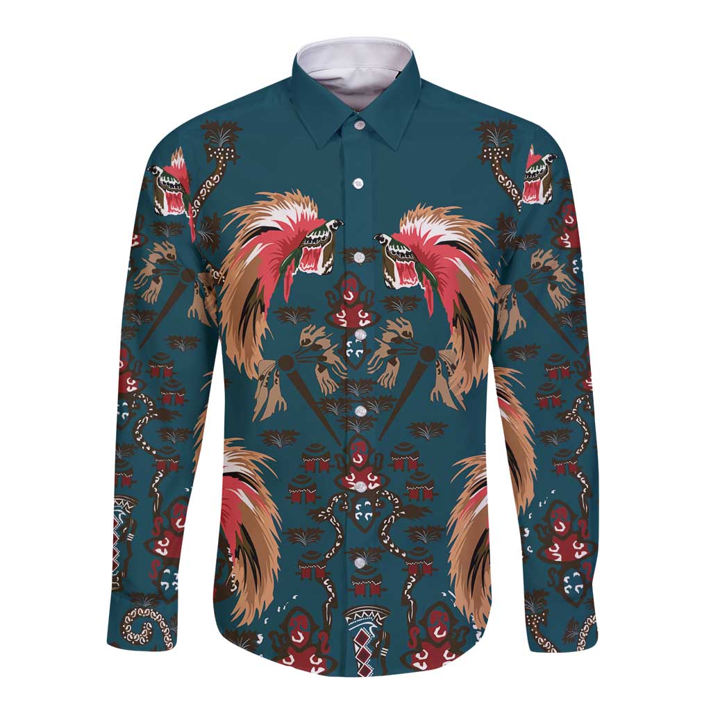 Dark Cyan Blue Bird of Batik Papua Long Sleeve Button Shirt Exotic Natural Wealth of Papua LT9 Unisex Blue - Polynesian Pride