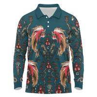 Dark Cyan Blue Bird of Batik Papua Long Sleeve Polo Shirt Exotic Natural Wealth of Papua - Polynesian Pride