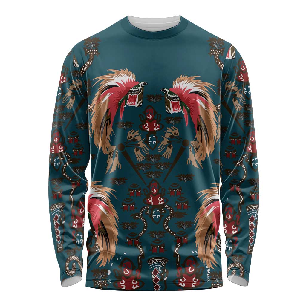 Dark Cyan Blue Bird of Batik Papua Long Sleeve Shirt Exotic Natural Wealth of Papua LT9 Unisex Blue - Polynesian Pride
