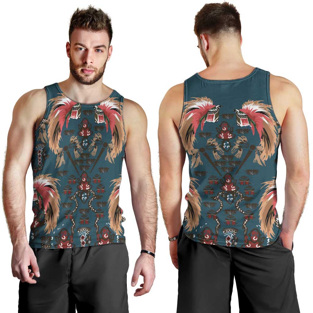 Dark Cyan Blue Bird of Batik Papua Men Tank Top Exotic Natural Wealth of Papua - Polynesian Pride