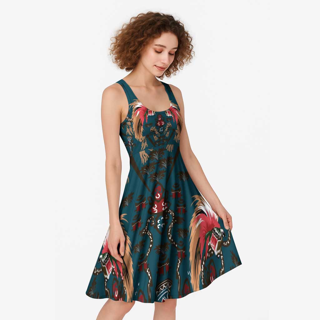 Dark Cyan Blue Bird of Batik Papua Midi Dress Exotic Natural Wealth of Papua - Polynesian Pride