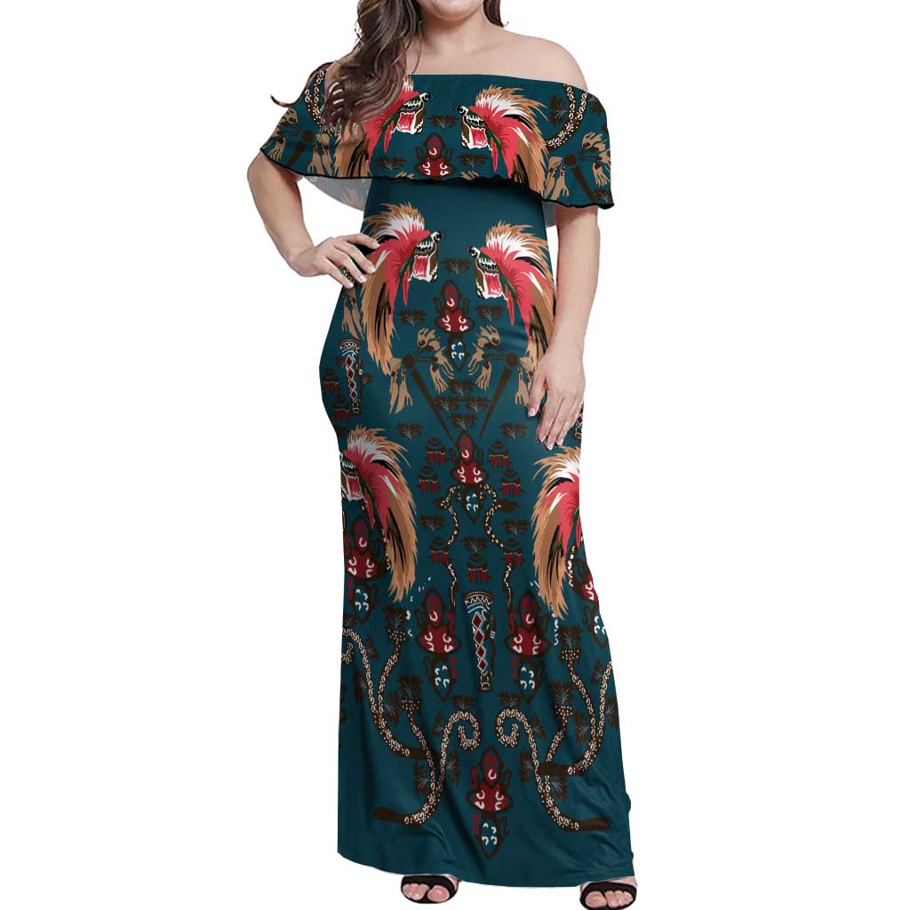 Dark Cyan Blue Bird of Batik Papua Off Shoulder Maxi Dress Exotic Natural Wealth of Papua LT9 Women Blue - Polynesian Pride