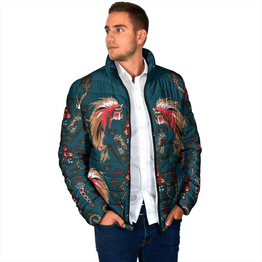 Dark Cyan Blue Bird of Batik Papua Padded Jacket Exotic Natural Wealth of Papua - Polynesian Pride