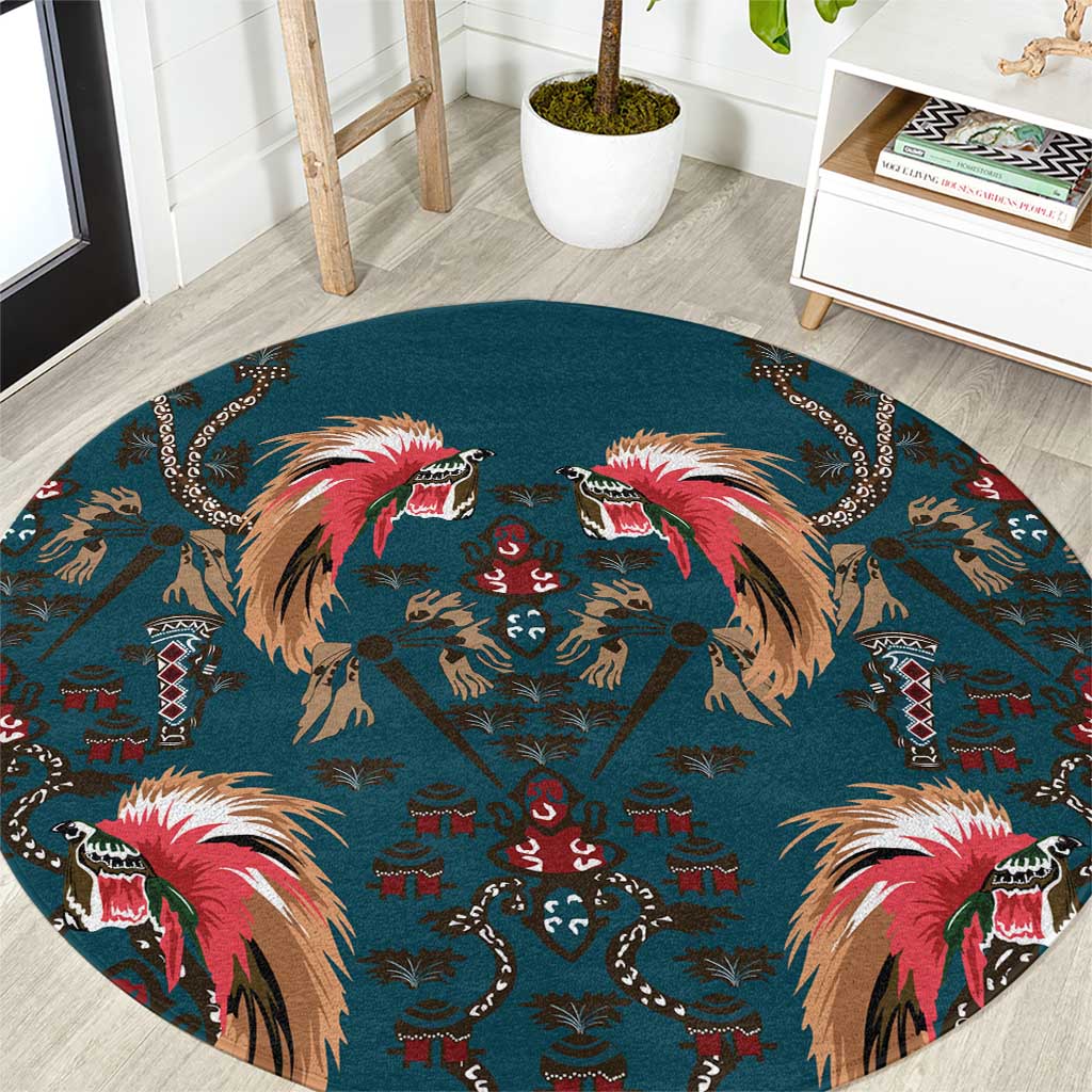 Dark Cyan Blue Bird of Batik Papua Round Carpet Exotic Natural Wealth of Papua - Polynesian Pride