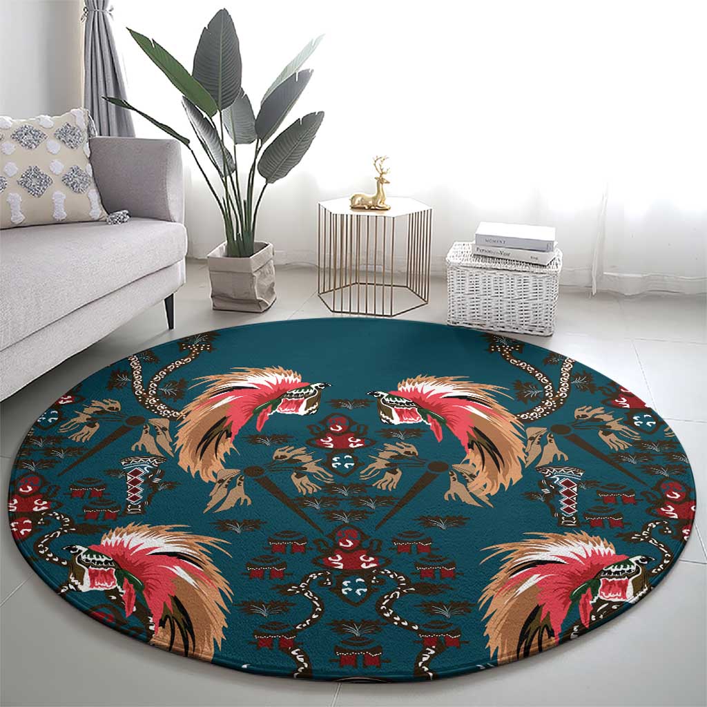 Dark Cyan Blue Bird of Batik Papua Round Carpet Exotic Natural Wealth of Papua - Polynesian Pride