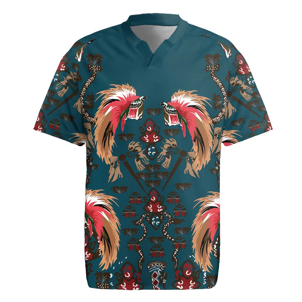Dark Cyan Blue Bird of Batik Papua Rugby Jersey Exotic Natural Wealth of Papua - Polynesian Pride