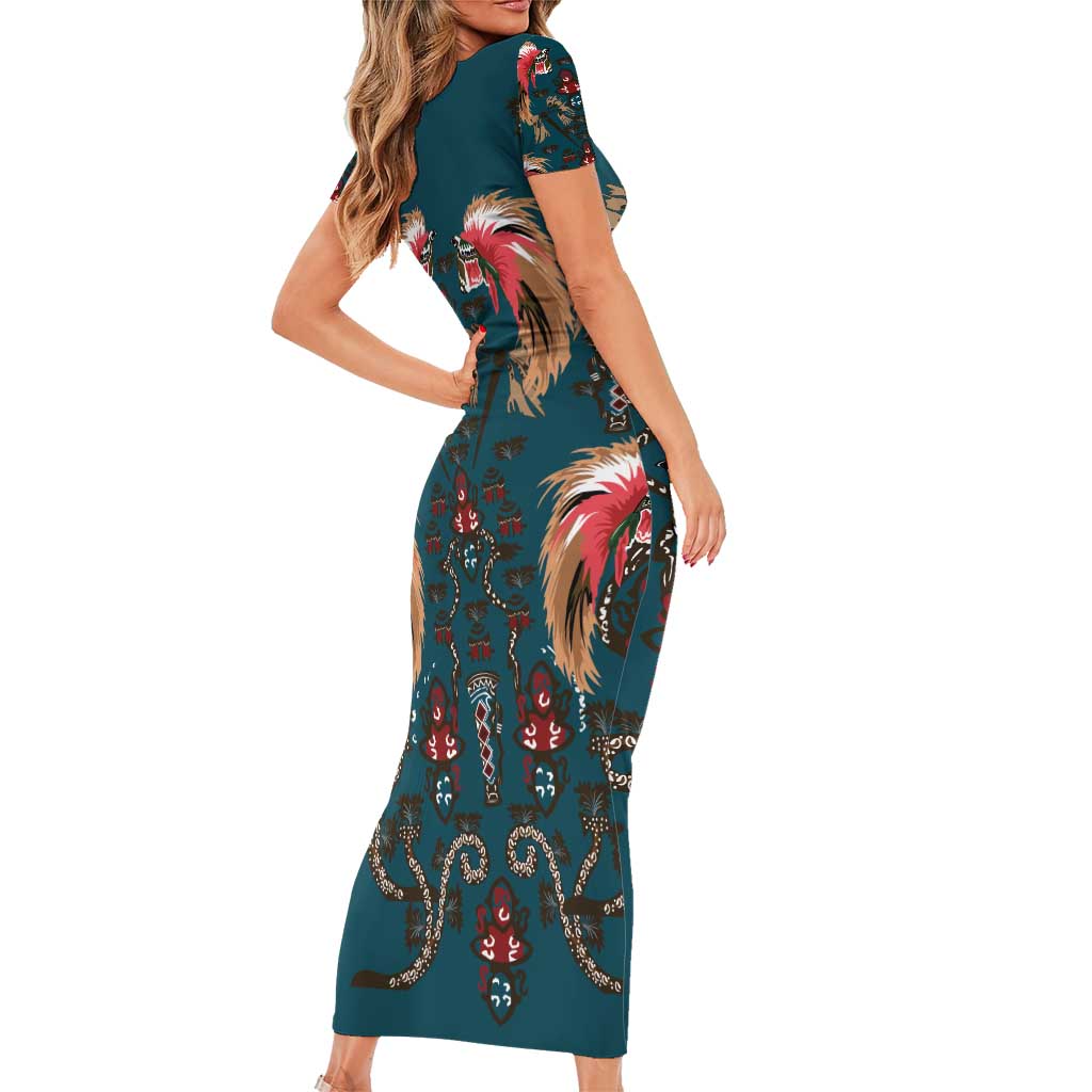 Dark Cyan Blue Bird of Batik Papua Short Sleeve Bodycon Dress Exotic Natural Wealth of Papua - Polynesian Pride