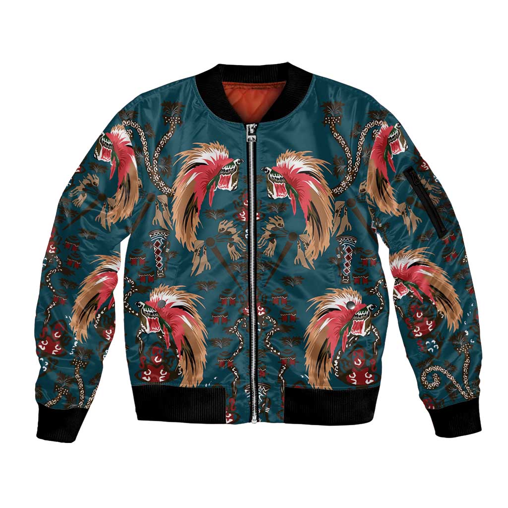 Dark Cyan Blue Bird of Batik Papua Sleeve Zip Bomber Jacket Exotic Natural Wealth of Papua - Polynesian Pride