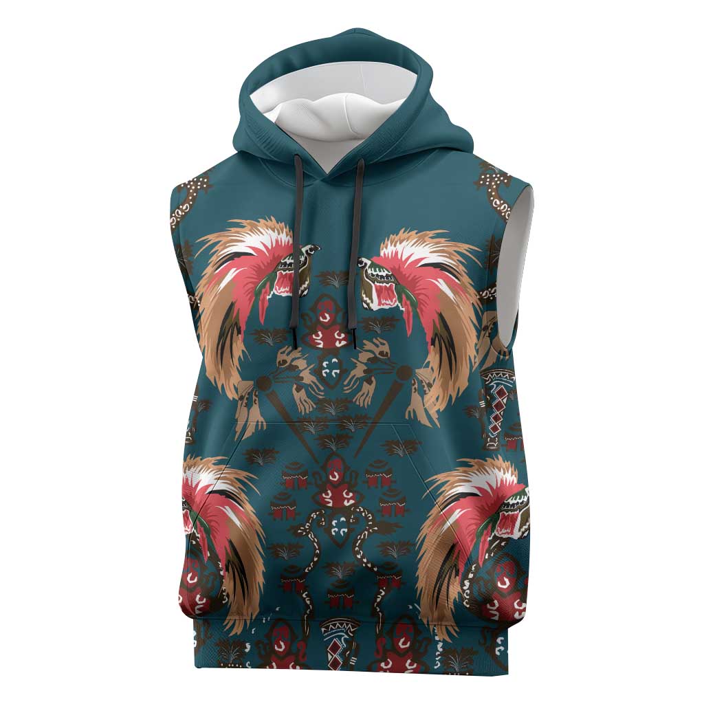 Dark Cyan Blue Bird of Batik Papua Sleeveless Hoodie Exotic Natural Wealth of Papua - Polynesian Pride