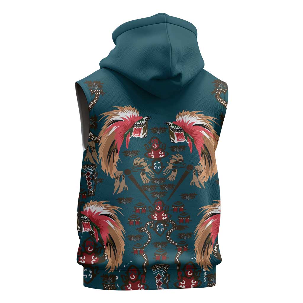 Dark Cyan Blue Bird of Batik Papua Sleeveless Hoodie Exotic Natural Wealth of Papua - Polynesian Pride