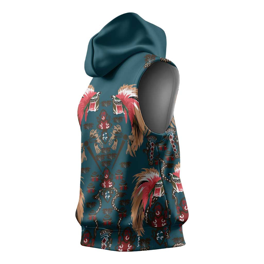 Dark Cyan Blue Bird of Batik Papua Sleeveless Hoodie Exotic Natural Wealth of Papua - Polynesian Pride