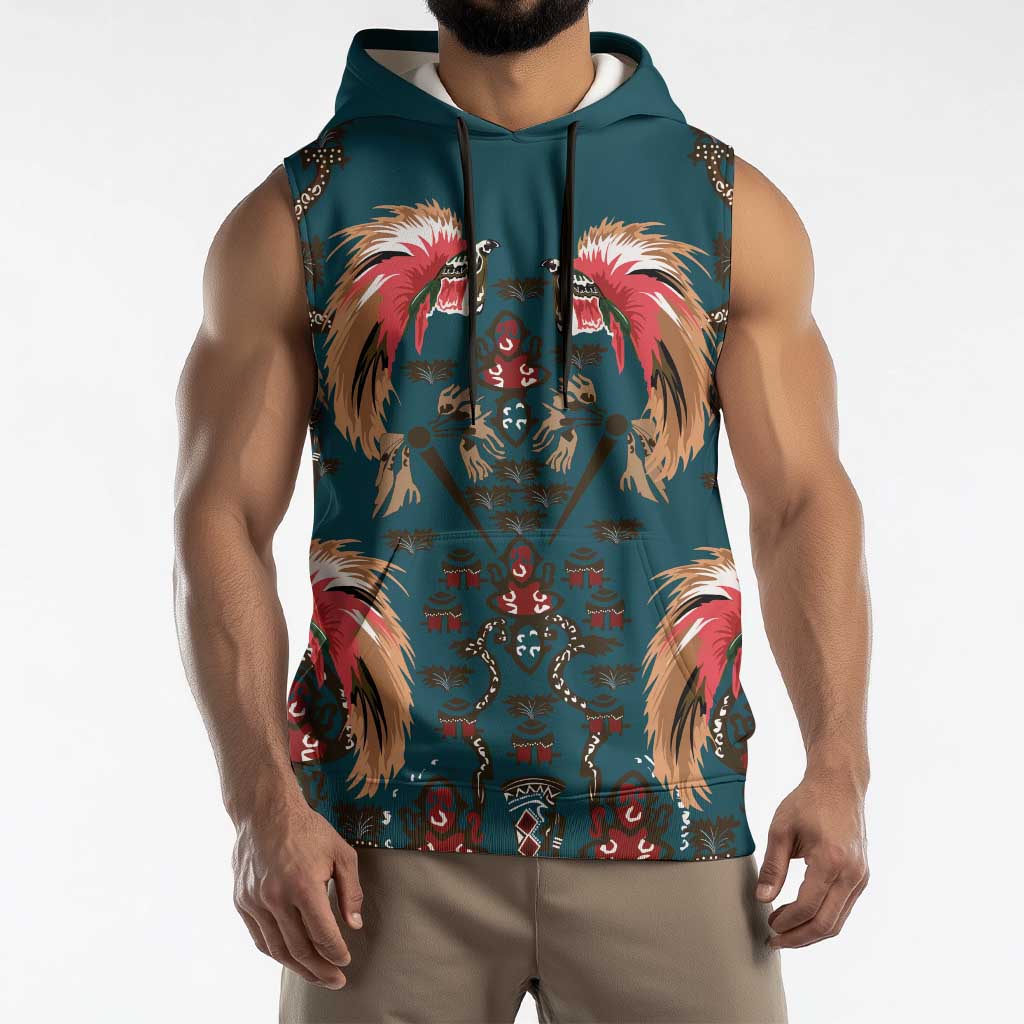 Dark Cyan Blue Bird of Batik Papua Sleeveless Hoodie Exotic Natural Wealth of Papua - Polynesian Pride