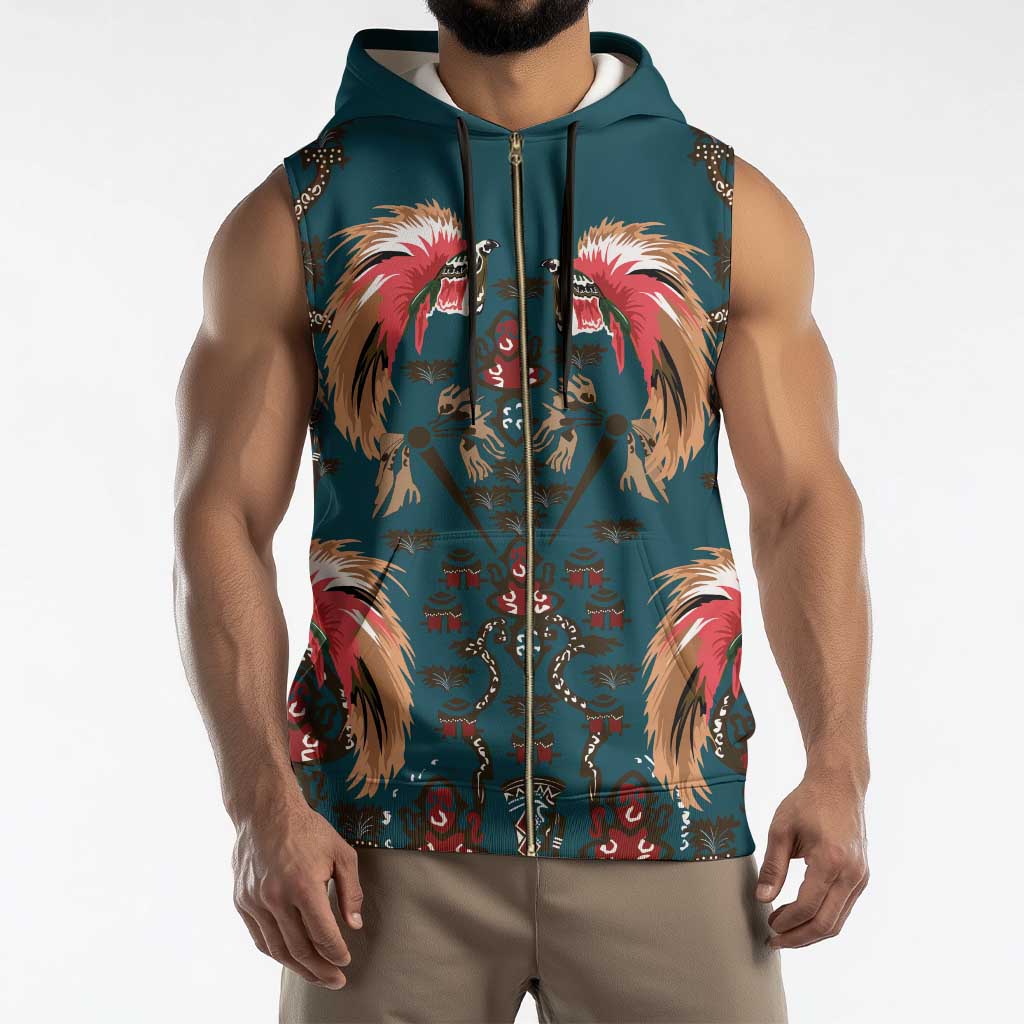 Dark Cyan Blue Bird of Batik Papua Sleeveless Zip Hoodie Exotic Natural Wealth of Papua - Polynesian Pride
