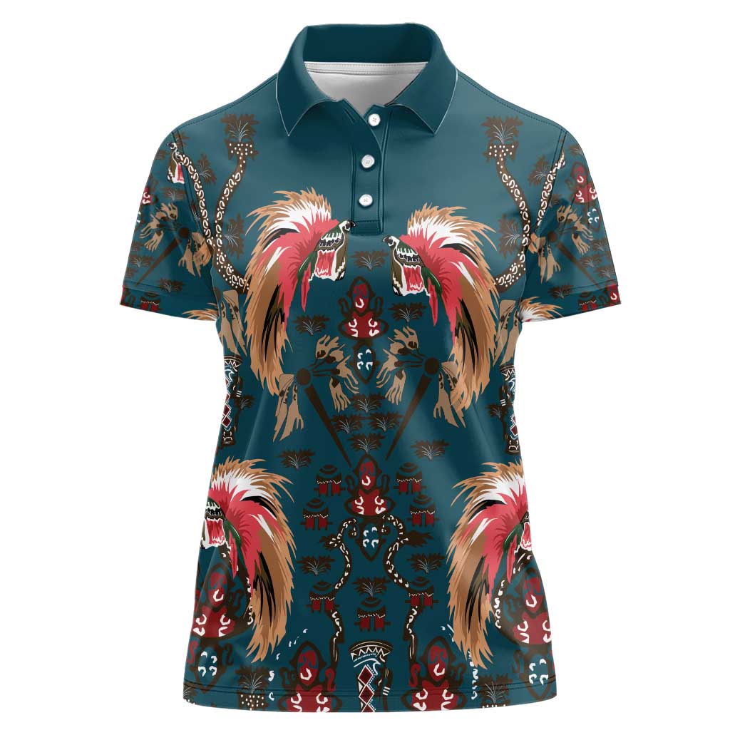 Dark Cyan Blue Bird of Batik Papua Women Polo Shirt Exotic Natural Wealth of Papua - Polynesian Pride