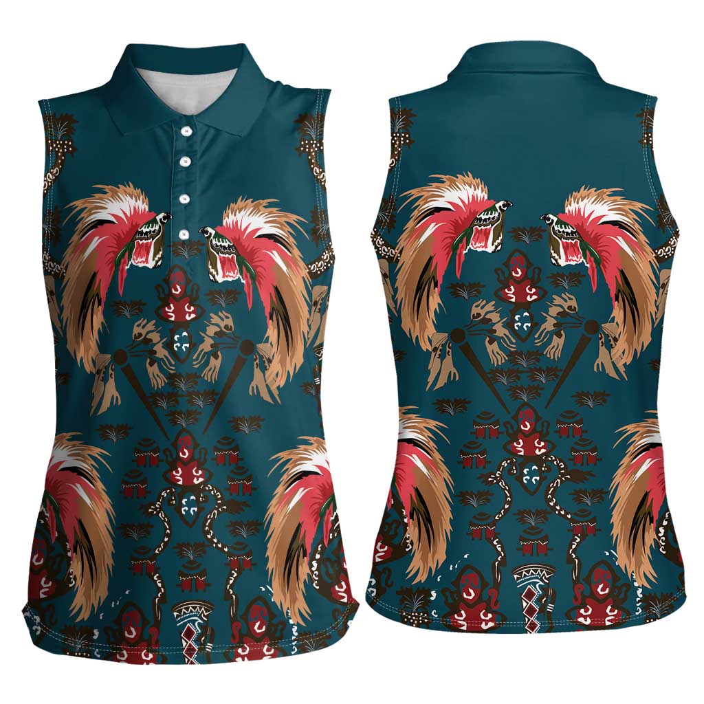 Dark Cyan Blue Bird of Batik Papua Women Sleeveless Polo Shirt Exotic Natural Wealth of Papua - Polynesian Pride