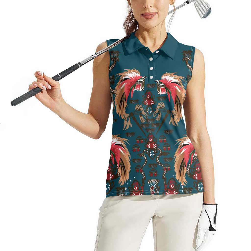 Dark Cyan Blue Bird of Batik Papua Women Sleeveless Polo Shirt Exotic Natural Wealth of Papua - Polynesian Pride