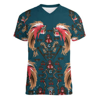 Dark Cyan Blue Bird of Batik Papua Women V-Neck T-Shirt Exotic Natural Wealth of Papua - Polynesian Pride