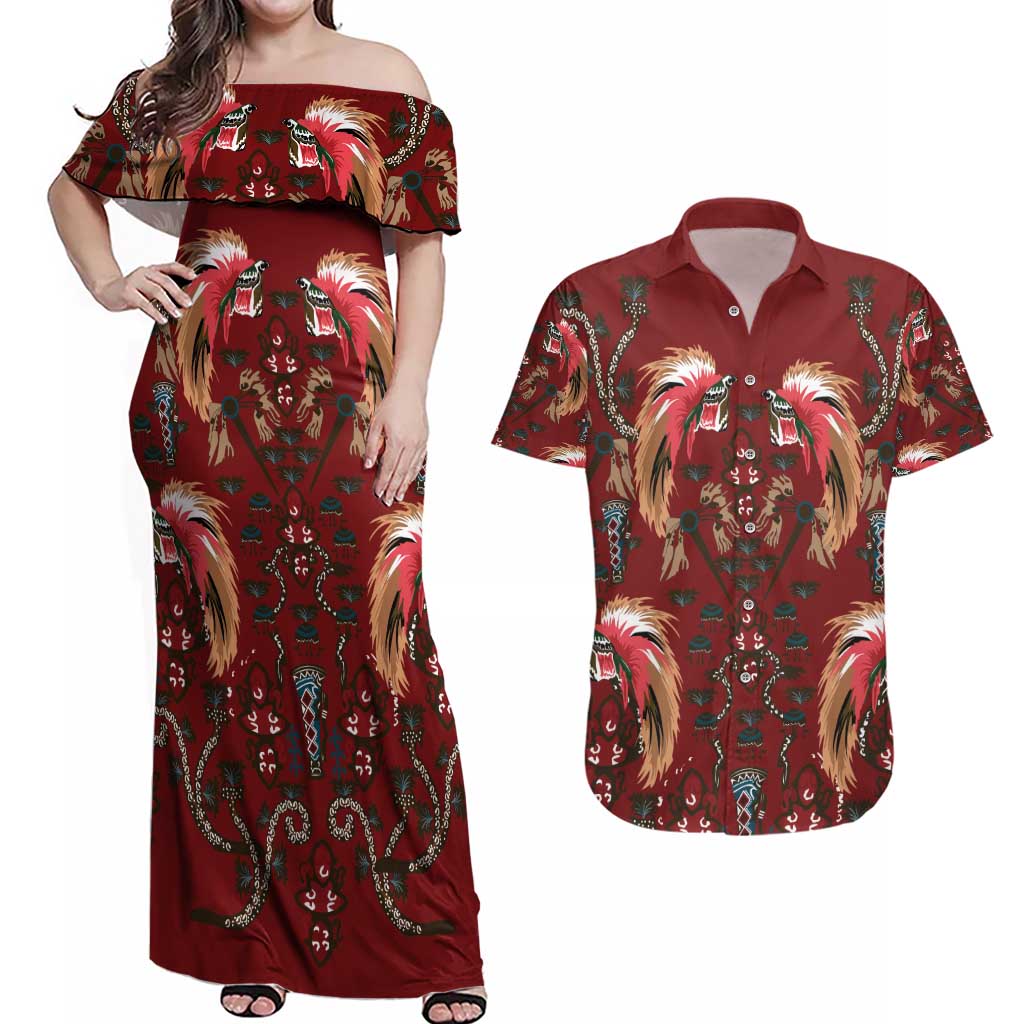 Oxblood Bird of Batik Papua Couples Matching Off Shoulder Maxi Dress and Hawaiian Shirt Exotic Natural Wealth of Papua - Polynesian Pride