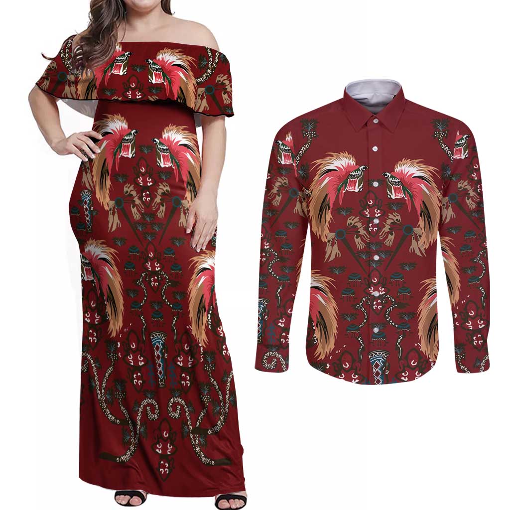 Oxblood Bird of Batik Papua Couples Matching Off Shoulder Maxi Dress and Long Sleeve Button Shirt Exotic Natural Wealth of Papua - Polynesian Pride