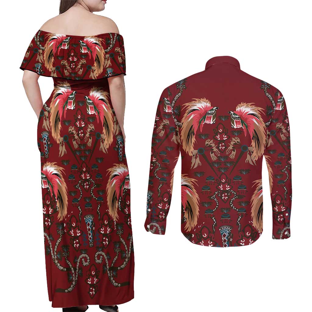 Oxblood Bird of Batik Papua Couples Matching Off Shoulder Maxi Dress and Long Sleeve Button Shirt Exotic Natural Wealth of Papua - Polynesian Pride