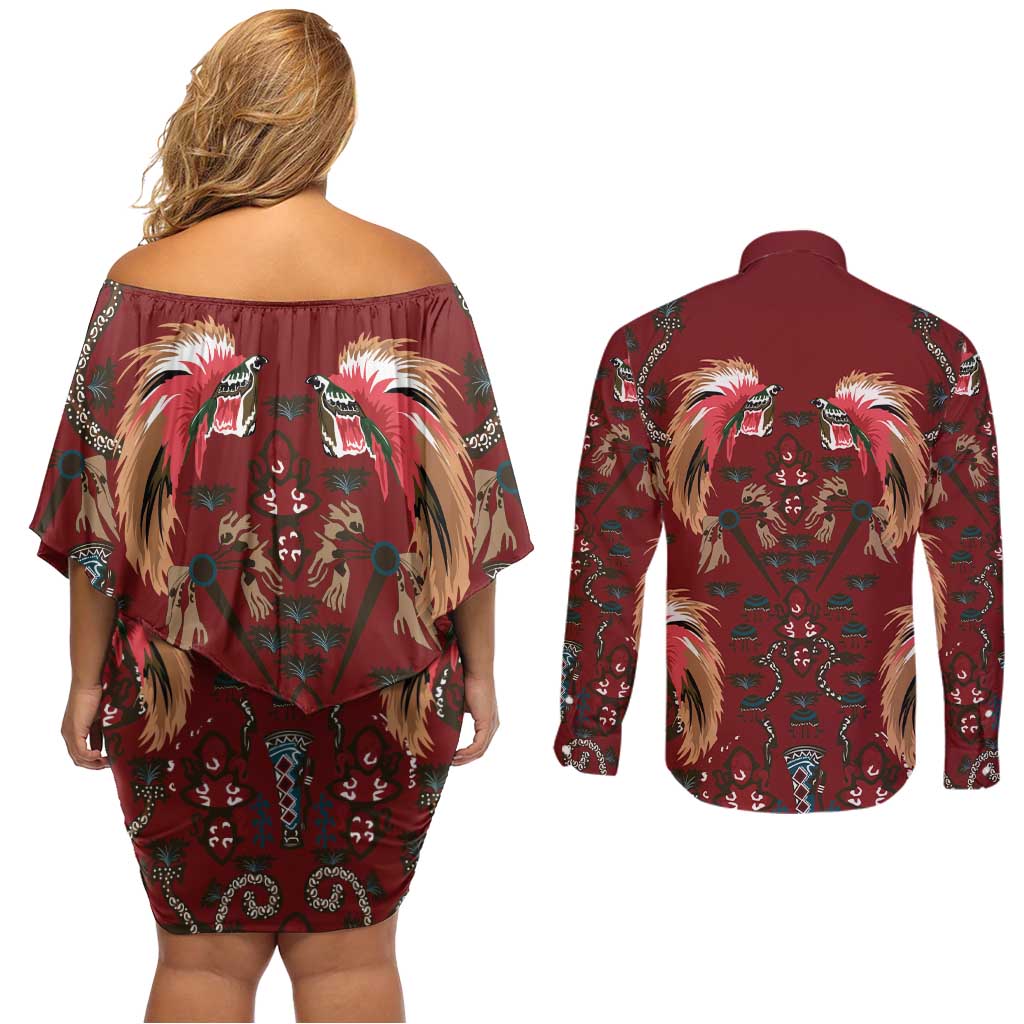 Oxblood Bird of Batik Papua Couples Matching Off Shoulder Short Dress and Long Sleeve Button Shirt Exotic Natural Wealth of Papua - Polynesian Pride