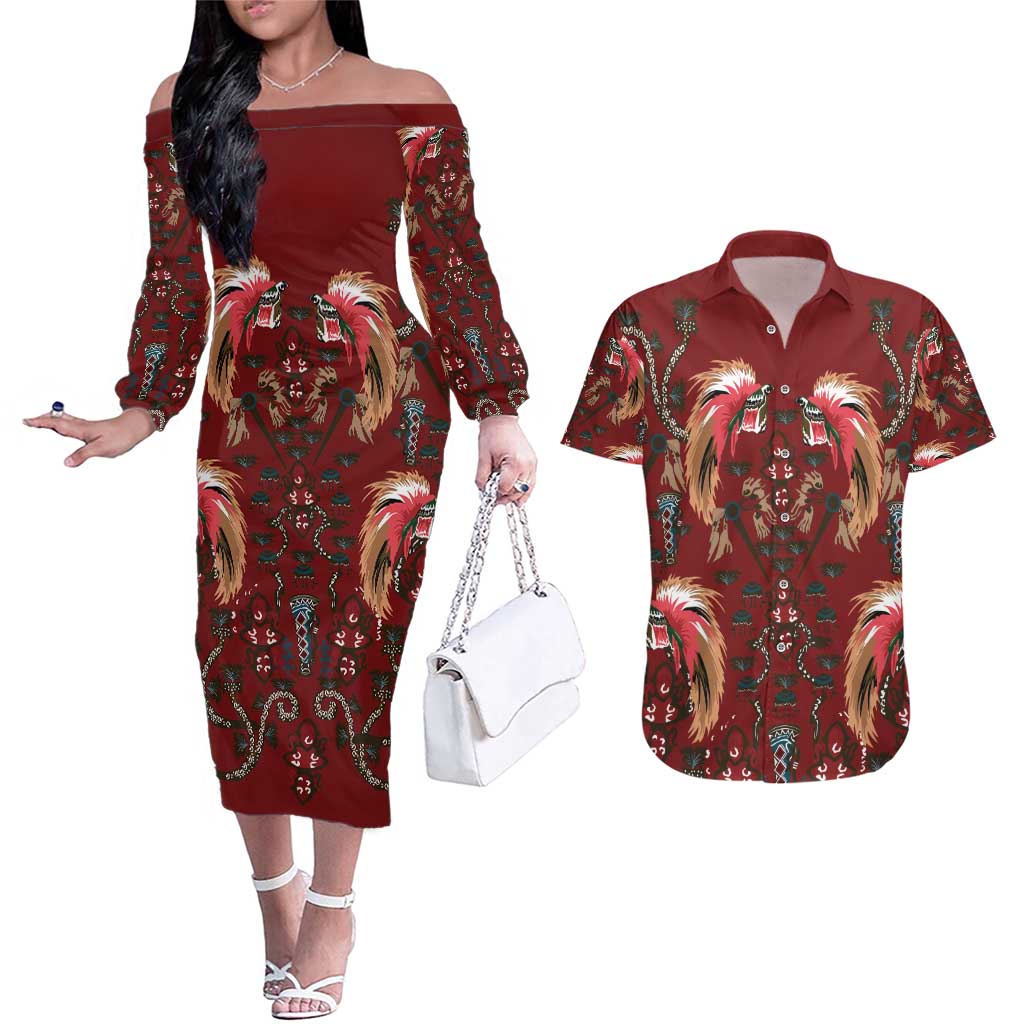 Oxblood Bird of Batik Papua Couples Matching Off The Shoulder Long Sleeve Dress and Hawaiian Shirt Exotic Natural Wealth of Papua - Polynesian Pride