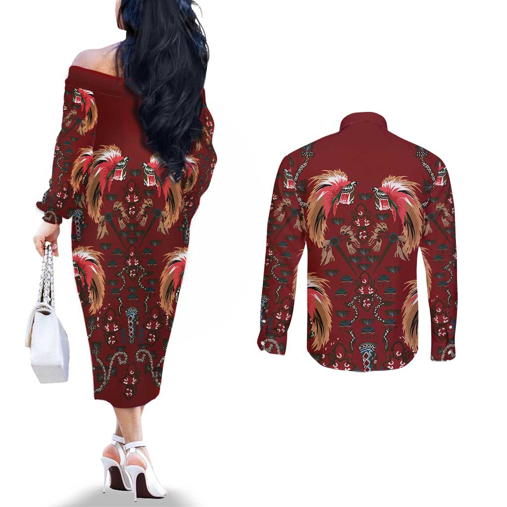 Oxblood Bird of Batik Papua Couples Matching Off The Shoulder Long Sleeve Dress and Long Sleeve Button Shirt Exotic Natural Wealth of Papua - Polynesian Pride