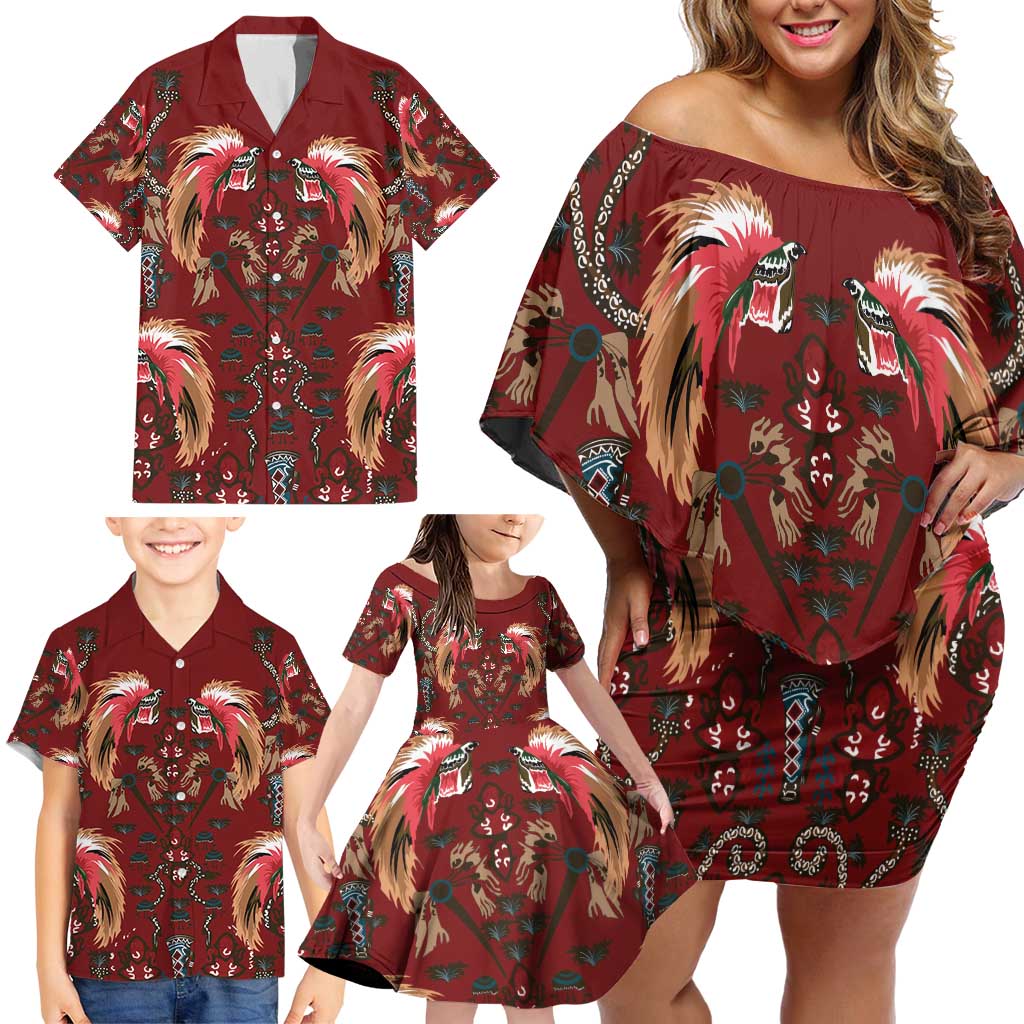 Oxblood Bird of Batik Papua Family Matching Off Shoulder Short Dress and Hawaiian Shirt Exotic Natural Wealth of Papua - Polynesian Pride