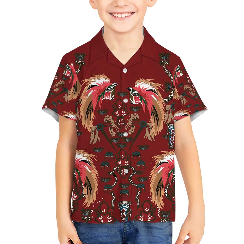 Oxblood Bird of Batik Papua Family Matching Off Shoulder Short Dress and Hawaiian Shirt Exotic Natural Wealth of Papua - Polynesian Pride