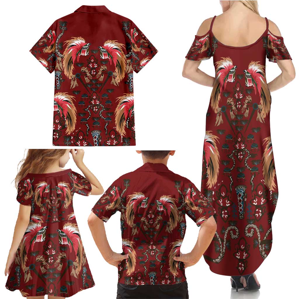 Oxblood Bird of Batik Papua Family Matching Summer Maxi Dress and Hawaiian Shirt Exotic Natural Wealth of Papua - Polynesian Pride