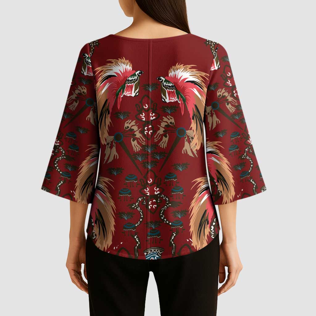 Oxblood Bird of Batik Papua Kimono Sleeve Blouse Exotic Natural Wealth of Papua - Polynesian Pride