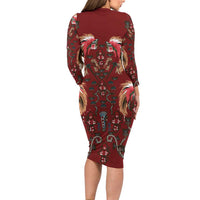 Oxblood Bird of Batik Papua Long Sleeve Bodycon Dress Exotic Natural Wealth of Papua - Polynesian Pride