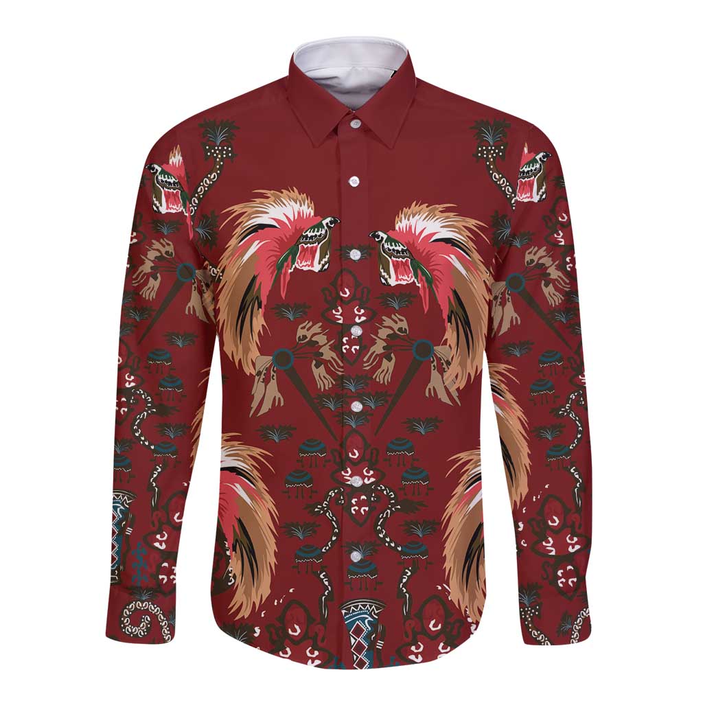 Oxblood Bird of Batik Papua Long Sleeve Button Shirt Exotic Natural Wealth of Papua - Polynesian Pride