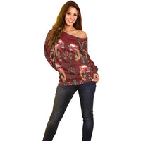Oxblood Bird of Batik Papua Off Shoulder Sweater Exotic Natural Wealth of Papua - Polynesian Pride
